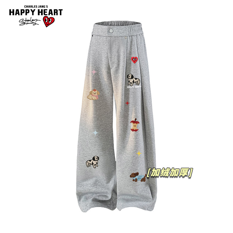 查尔斯桃心小狗印花美式加绒加厚休闲裤男女冬季新款直筒长裤子潮