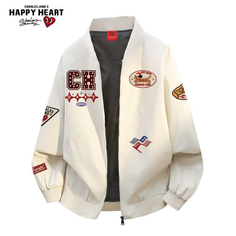 查尔斯桃心 美式勋章印花棒球领夹克外套男女春秋季飞行员上衣服