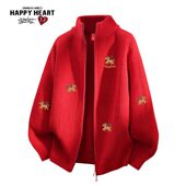 查尔斯桃心马年本命红色冬季 纹理感情侣慵懒百搭针织立领开衫 毛衣