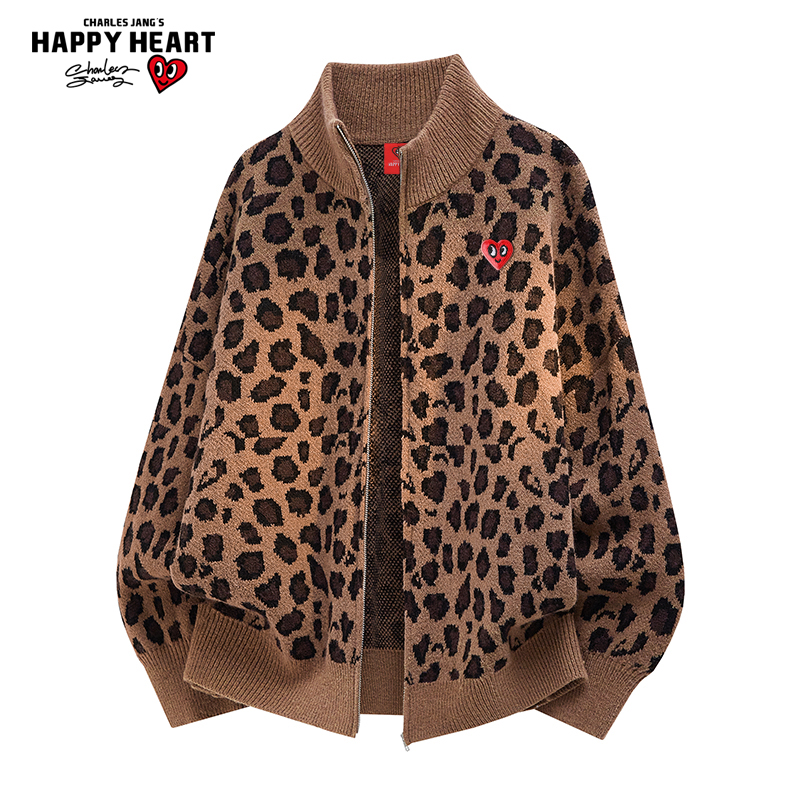 查尔斯桃心 美式复古高街豹纹开衫毛衣男春秋冬季立领针织衫外套