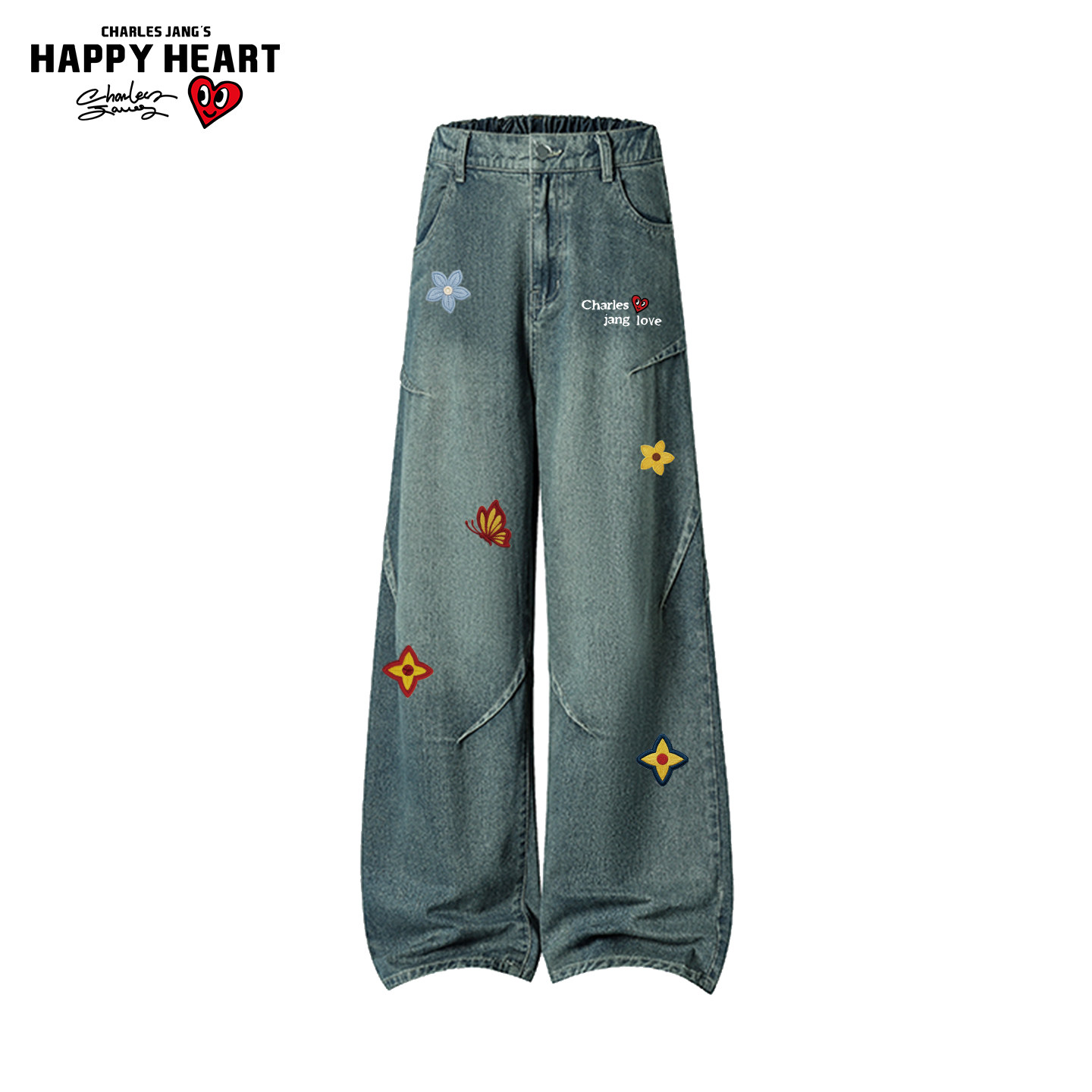 查尔斯桃心 美式花卉印花高街牛仔裤男女春秋季新款情侣阔腿长裤,男装,牛仔裤,淘宝优惠券,粉丝福利购,淘宝优惠卷