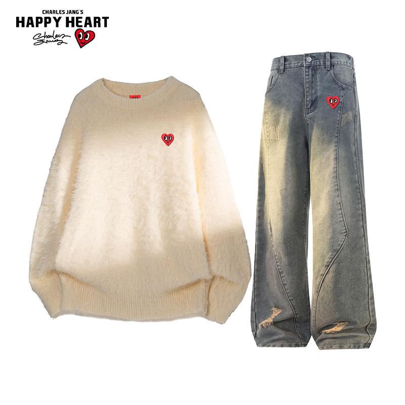 查尔斯桃心休闲套装男女冬季仿貂绒圆领毛衣复古牛仔长裤子两件装