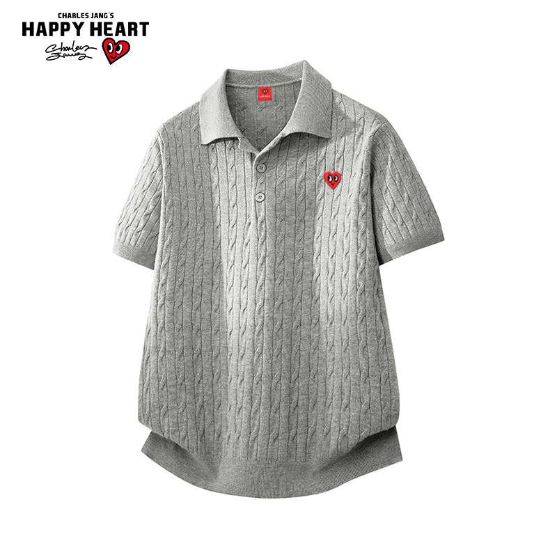 查尔斯桃心麻花翻领短袖polo衫男女夏季新款休闲宽松情侣潮牌上衣