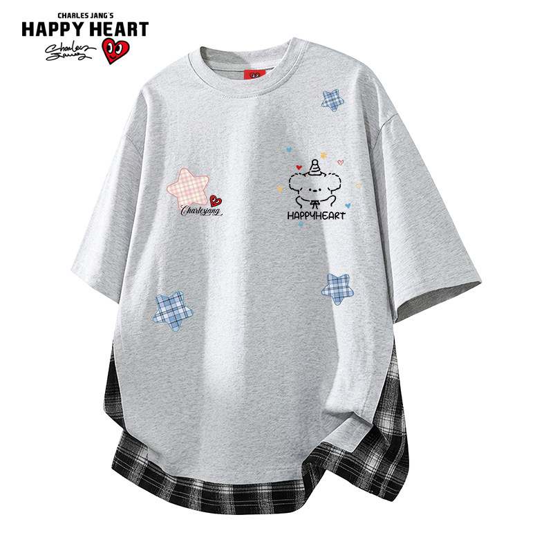 查尔斯桃心 美式假两件拼接格子短袖t恤男女圆领休闲夏季情侣半袖,男装,T恤,淘宝优惠券,粉丝福利购,淘宝优惠卷