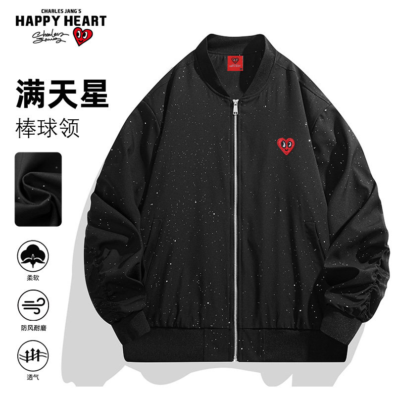 查尔斯桃心满天星棒球领夹克男女款春秋美式宽松休闲运动情侣外套