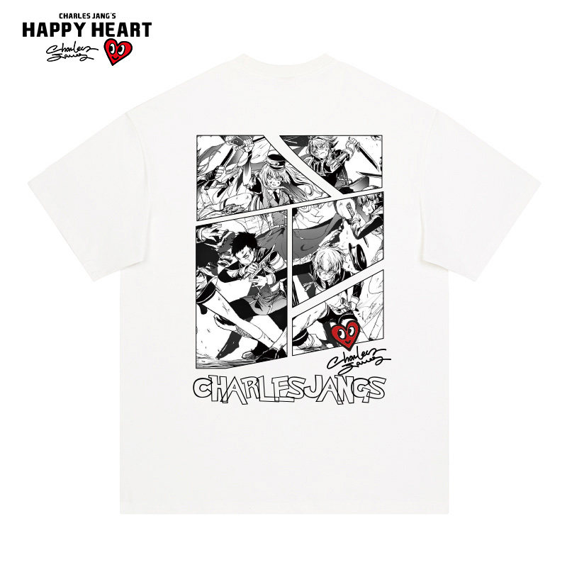 查尔斯桃心 热血动漫印花圆领纯棉休闲宽松夏季短袖t恤男女同款