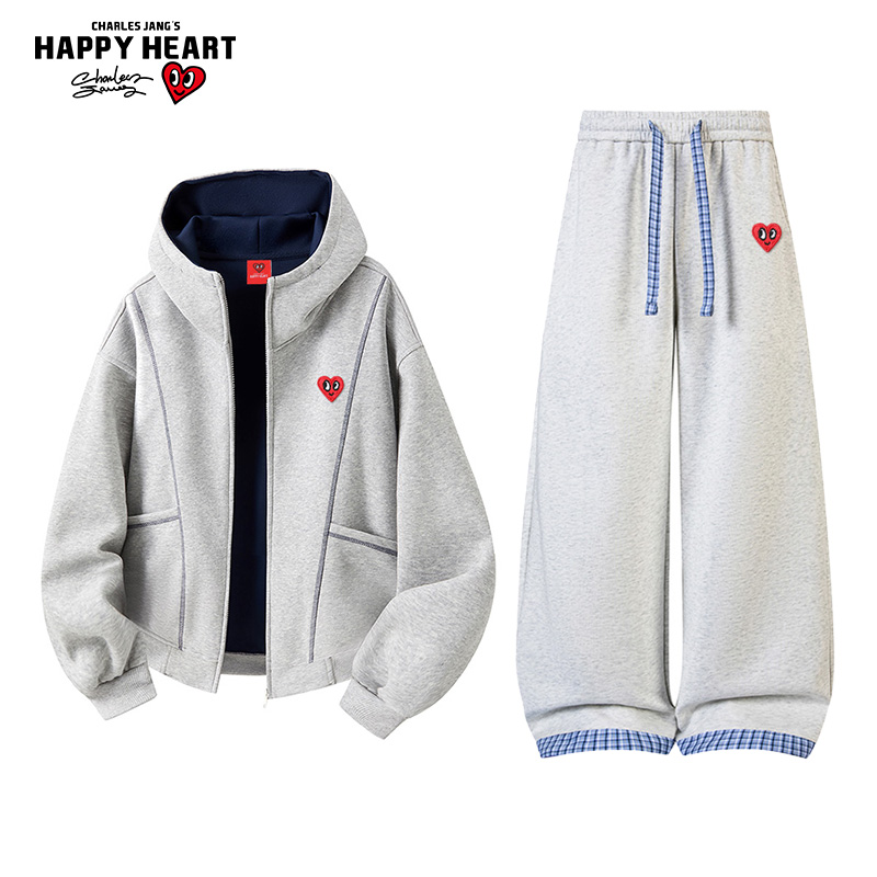 查尔斯桃心休闲套装男女春秋新款爱心刺绣连帽开衫卫衣卫裤一整套 - 封面