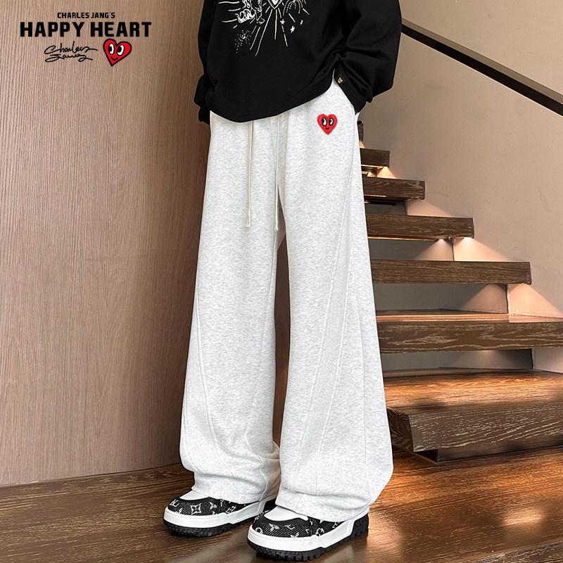 查尔斯桃心 美式直筒灰色运动卫裤男春秋季百搭宽松直筒休闲长裤