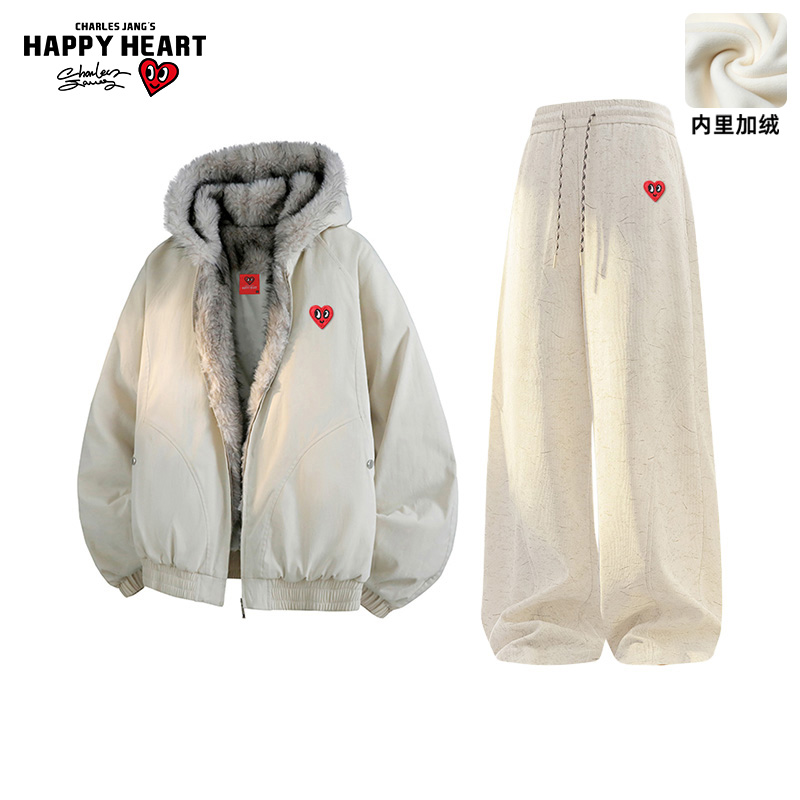 查尔斯桃心座山雕棉衣休闲套装男