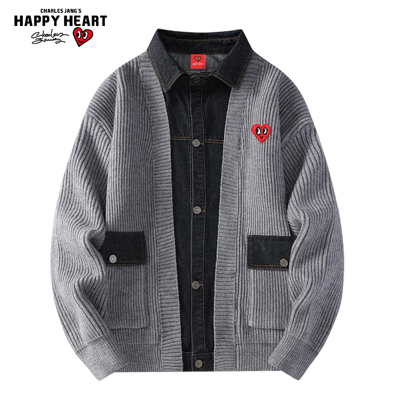 查尔斯桃心美式假两件针织外套男