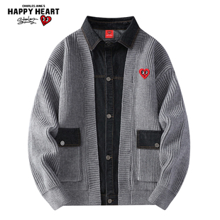 查尔斯桃心 美式假两件针织外套男春秋季新款潮牌懒惰风开衫毛衣