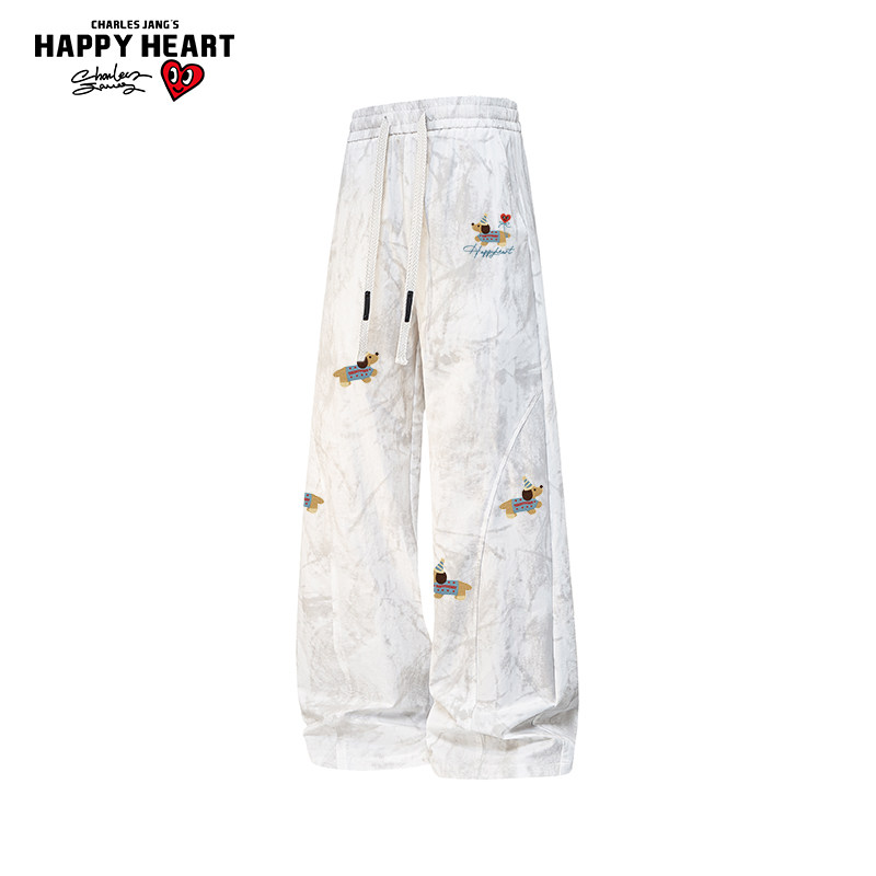 查尔斯桃心 美式扎染腊肠狗印花裤子男女春秋季宽松直筒休闲长裤