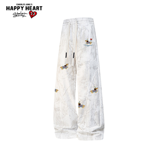 查尔斯桃心 美式扎染腊肠狗印花裤子男女春秋季宽松直筒休闲长裤