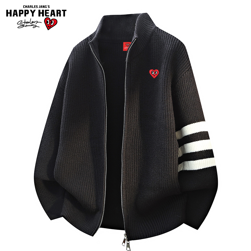 查尔斯桃心撞色条纹针织开衫毛衣