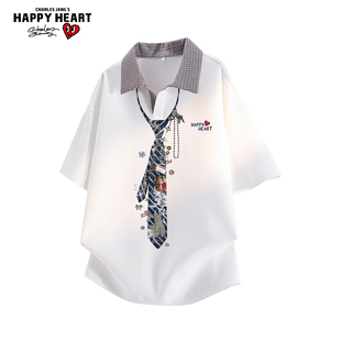 翻领休闲复古领带涂鸦潮牌情侣半袖 查尔斯桃心假两件短袖 T恤夏季