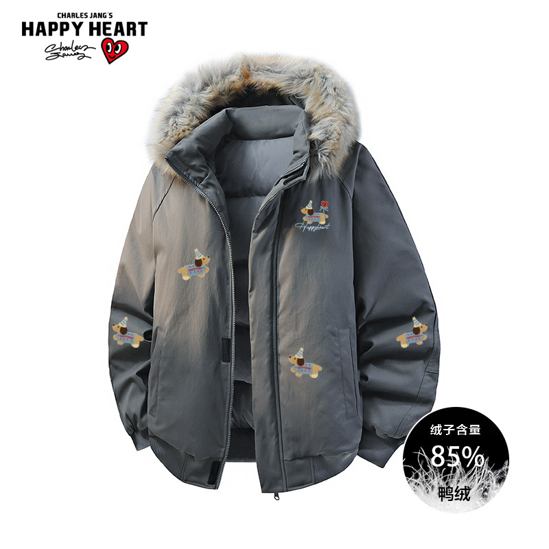 查尔斯桃心腊肠狗印花连帽羽绒服男冬季新款百搭工装加厚情侣外套