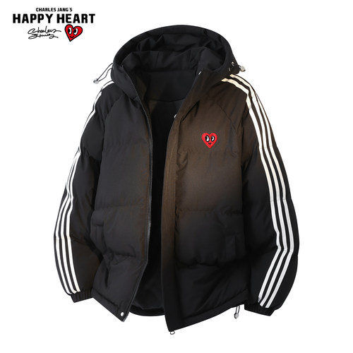 查尔斯桃心撞色条纹连帽棉服男女