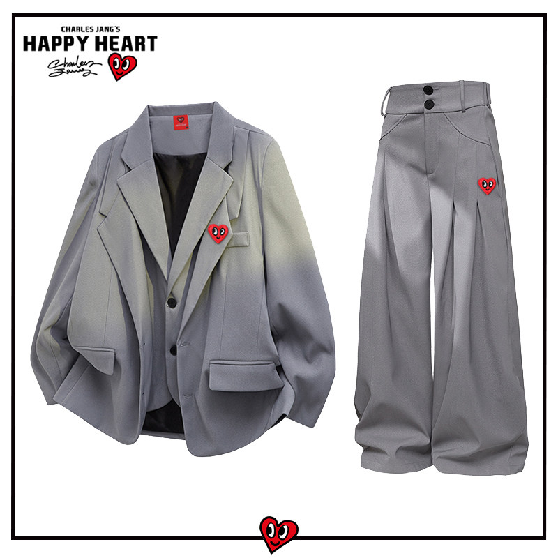 查尔斯桃心双层结构设计西服套装男秋季高级潮流学院风外套休闲裤