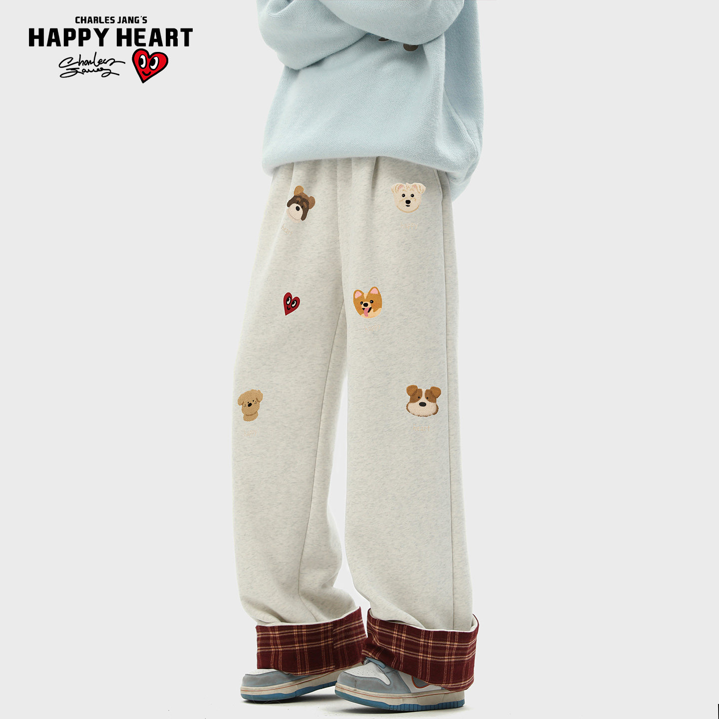 查尔斯桃心美式小狗卷边格子毛呢裤子男女冬加绒加厚宽松直筒卫裤,男装,休闲裤,淘宝优惠券,粉丝福利购,淘宝优惠卷