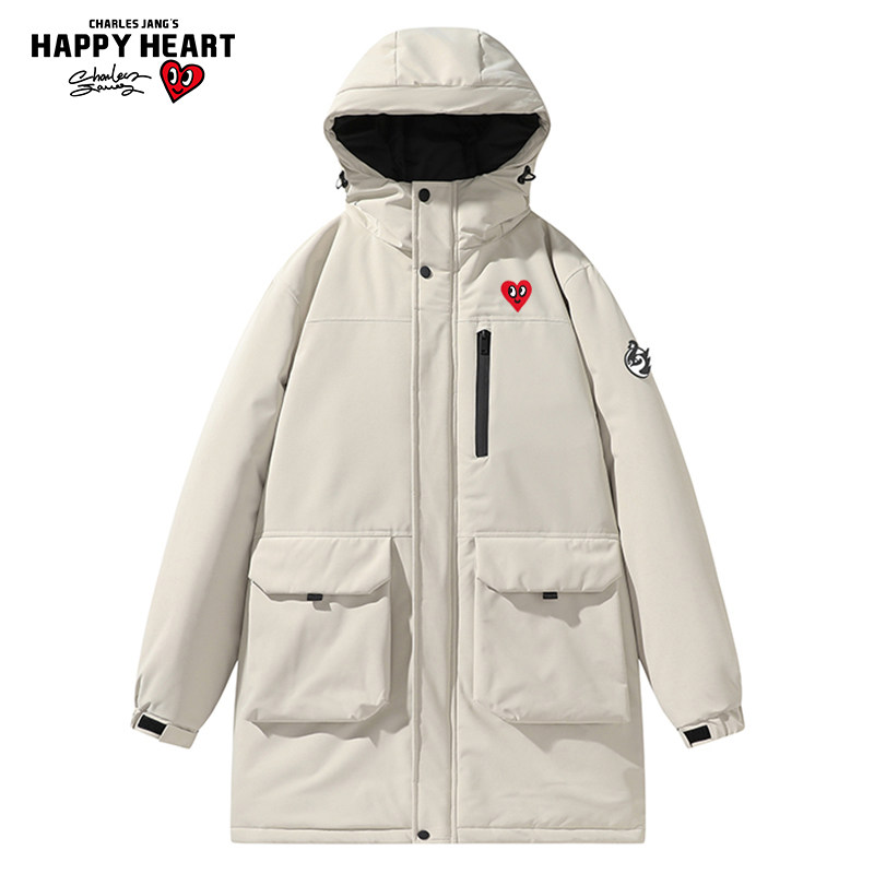 查尔斯桃心 石墨烯中长款棉服男款冬季连帽加厚保暖抗寒情侣外套