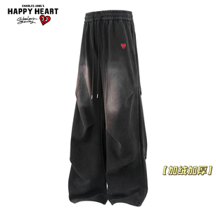 直筒阔腿伞兵休闲长裤 查尔斯桃心重磅加绒裤 卫裤 加厚美式 子男冬季