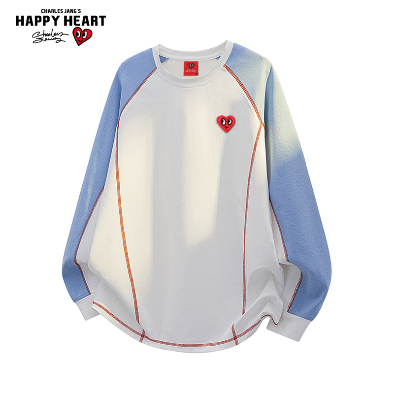 查尔斯桃心美式拼接撞色圆领卫衣男秋季宽松休闲百搭情侣运动上衣