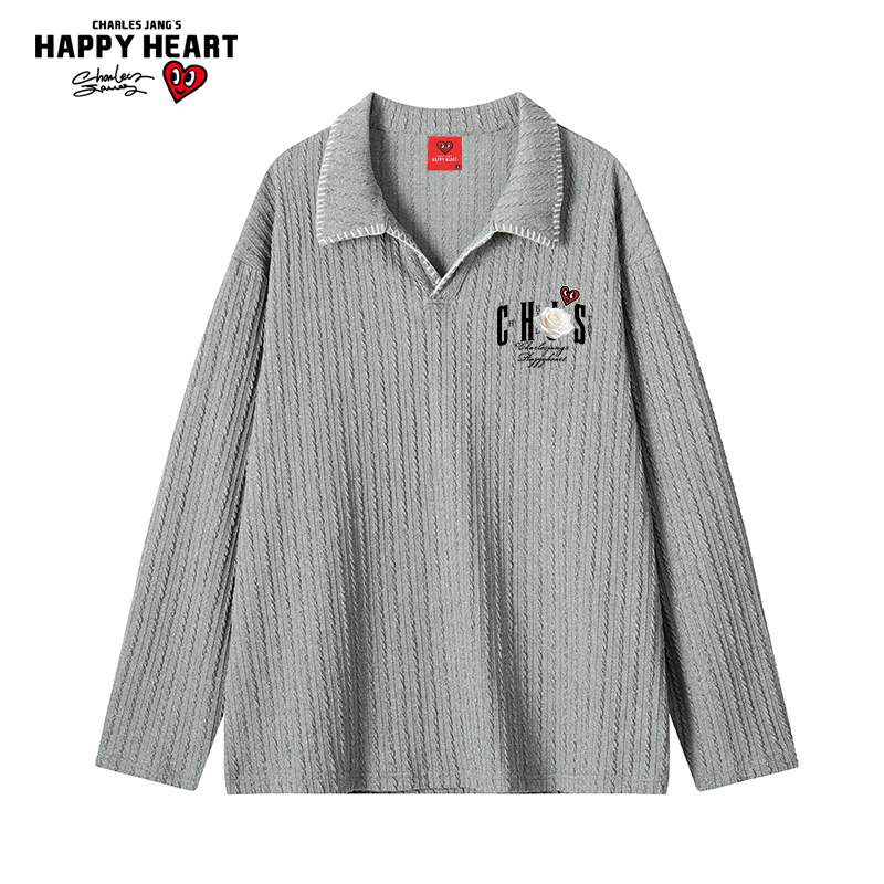 查尔斯桃心 复古老钱风麦穗亨利领卫衣男宽松字母印花肌理感上衣