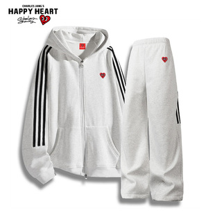 查尔斯桃心 条纹运动套装男女春秋季长袖开衫卫衣直筒长裤两件套