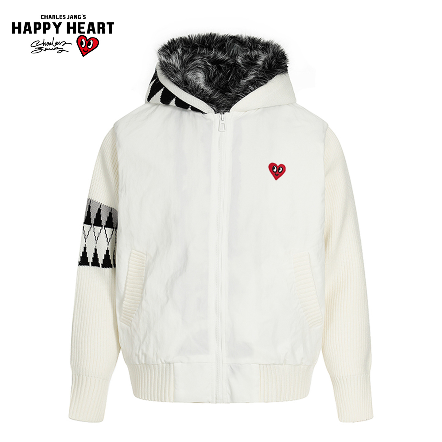 查尔斯桃心美式针织拼接连帽棉衣