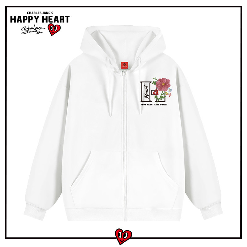 查尔斯桃心仿刺绣花卉印花连帽开衫卫衣男春秋季宽松休闲情侣外套