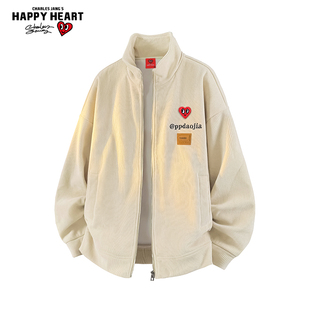 查尔斯桃心美式立领加绒夹克男女秋冬季新款休闲宽松情侣加厚外套