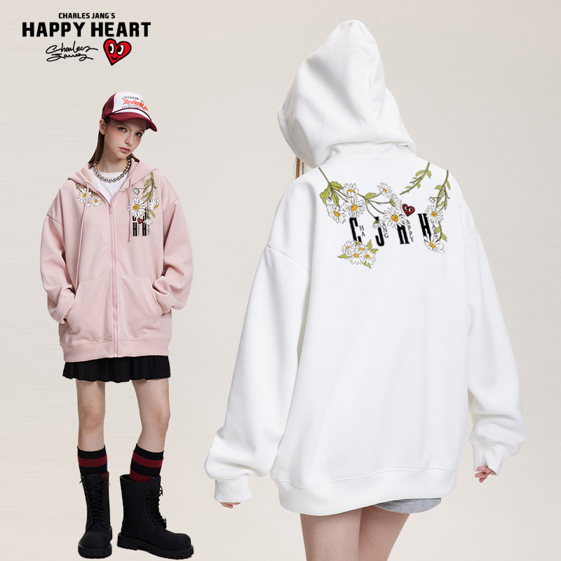 查尔斯桃心仿刺绣印花开衫卫衣