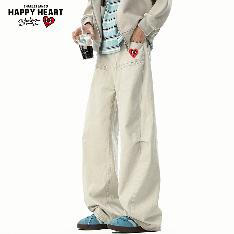 查尔斯桃心 春秋新款美式设计感解构弯刀裤男休闲长裤直筒阔腿