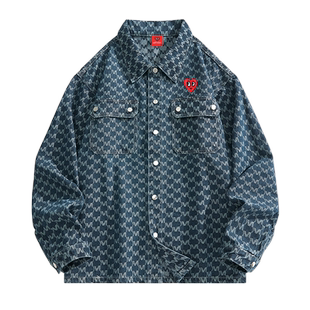 查尔斯桃心 美式复古满印提花纹夹克男嘻哈高街设计情侣牛仔外套