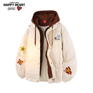查尔斯桃心美式假两件连帽羽绒服男女冬季保暖新款防寒情侣外套