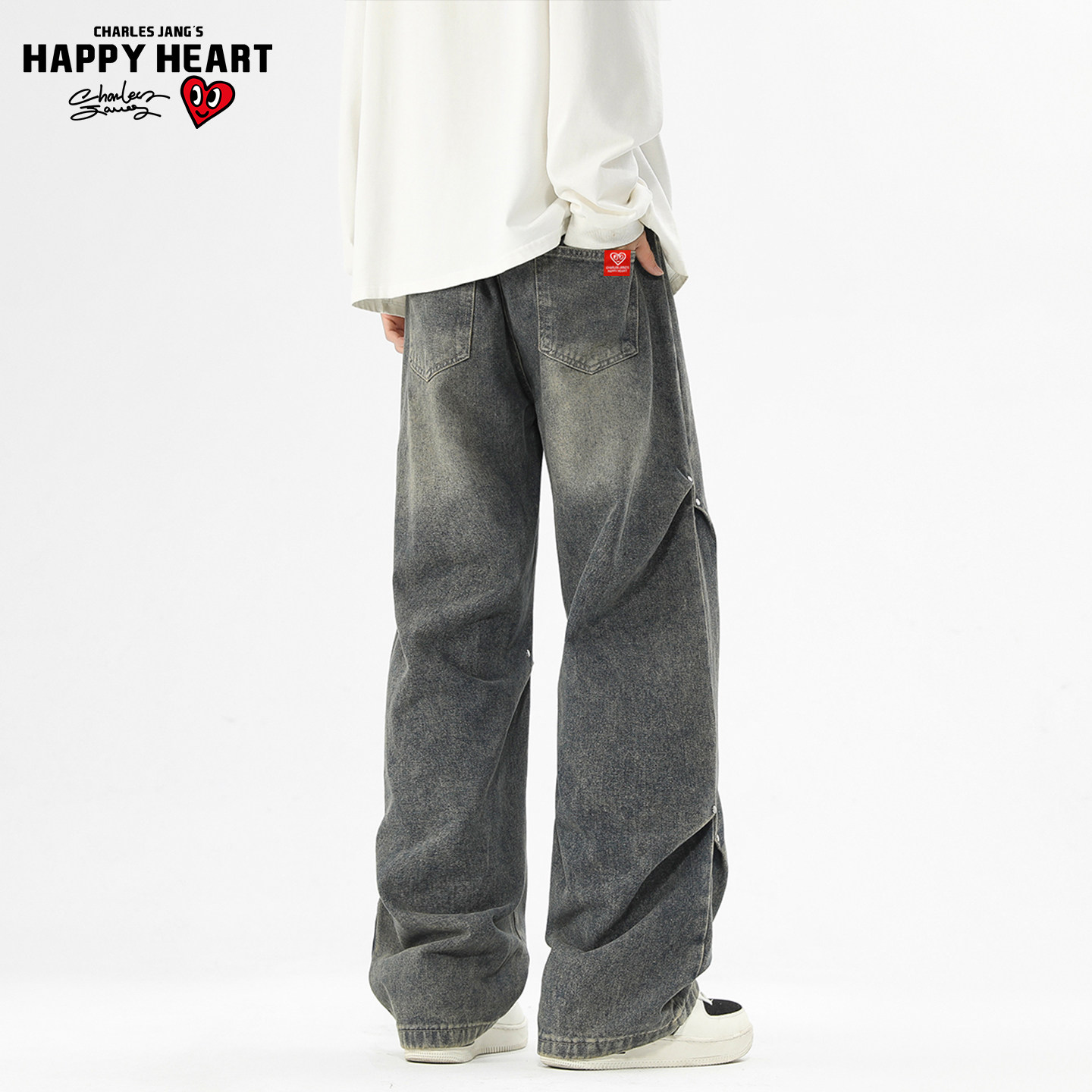 查尔斯桃心美式铆钉褶皱牛仔裤男女秋冬季加绒加厚高街阔腿长裤子