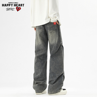 查尔斯桃心美式铆钉褶皱牛仔裤男女秋冬季加绒加厚高街阔腿长裤子