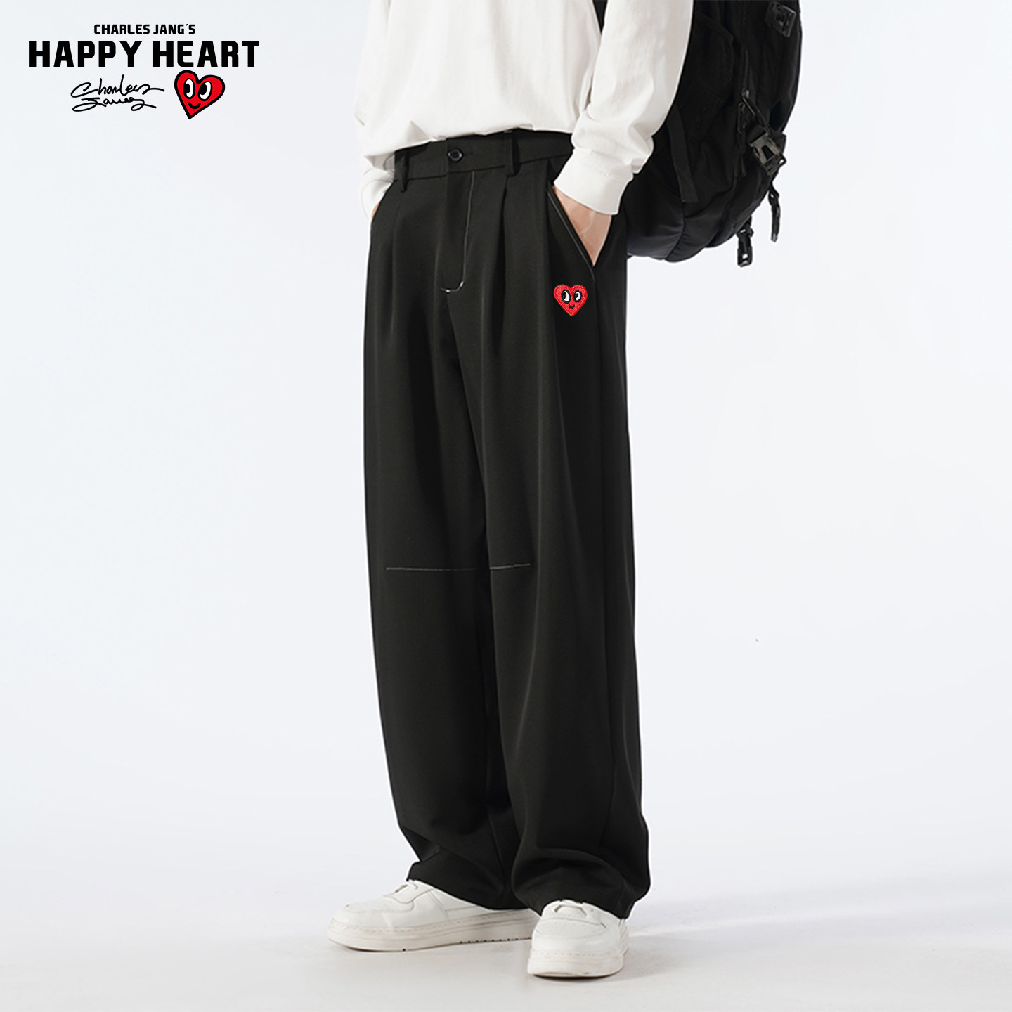 查尔斯桃心黑色休闲西裤男士春秋季宽松垂感直筒裤阔腿西装长裤女