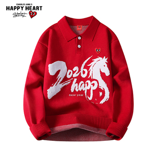 查尔斯桃心2026新款冬季翻领红色毛衣男本命年保暖休闲马年针织衫