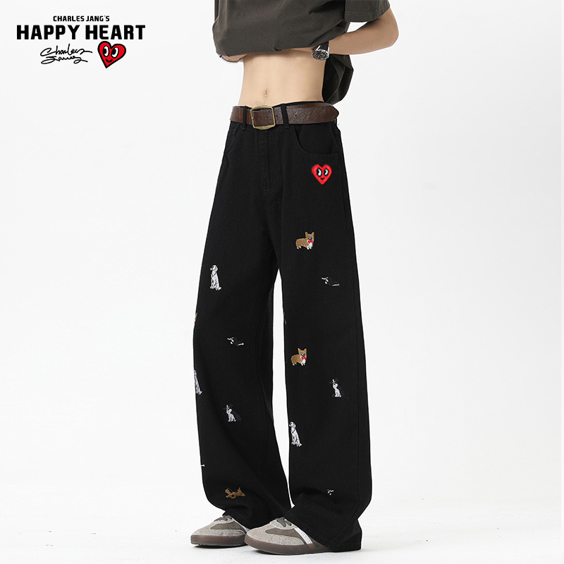 查尔斯桃心小狗刺绣直筒牛仔裤