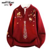 新款 查尔斯桃心涂鸦领带假两件针织衫 男马年2026冬季 红色慵懒毛衣