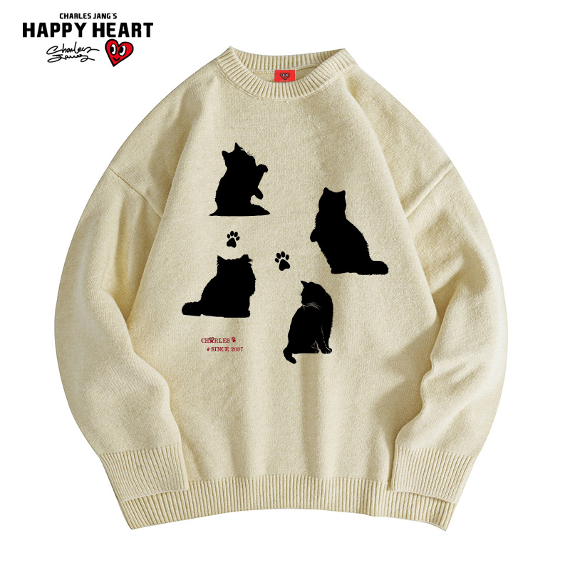 查尔斯桃心针织衫猫咪印花毛衣