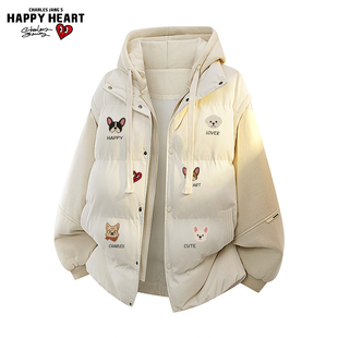 查尔斯桃心小狗印花假两件连帽棉服男女冬季加厚保暖休闲情侣外套
