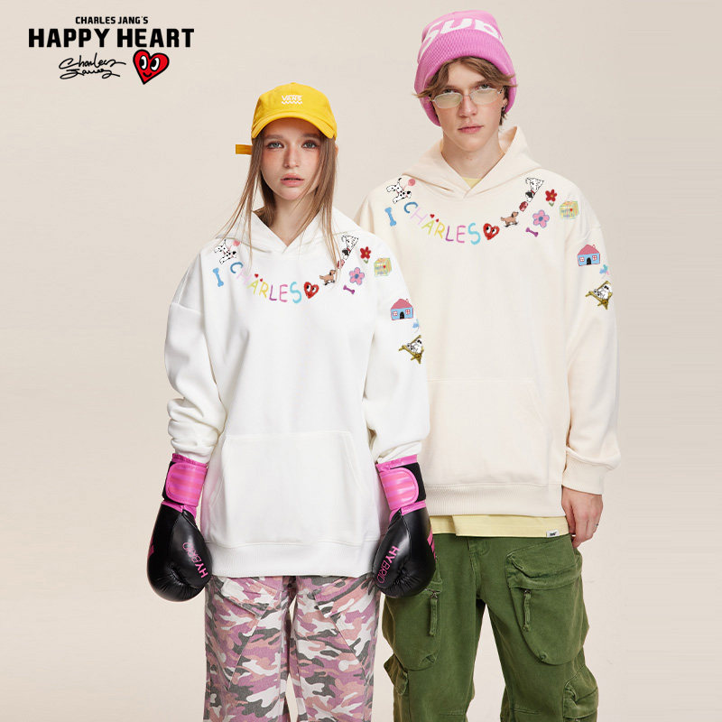 查尔斯桃心 美式小狗项链印花卫衣男连帽春秋季新款百搭情侣外套