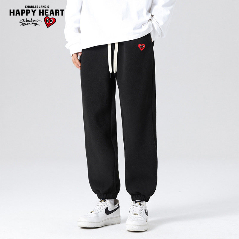 查尔斯桃心 加绒加厚裤子男冬季2025新款黑色宽松休闲束脚长裤子
