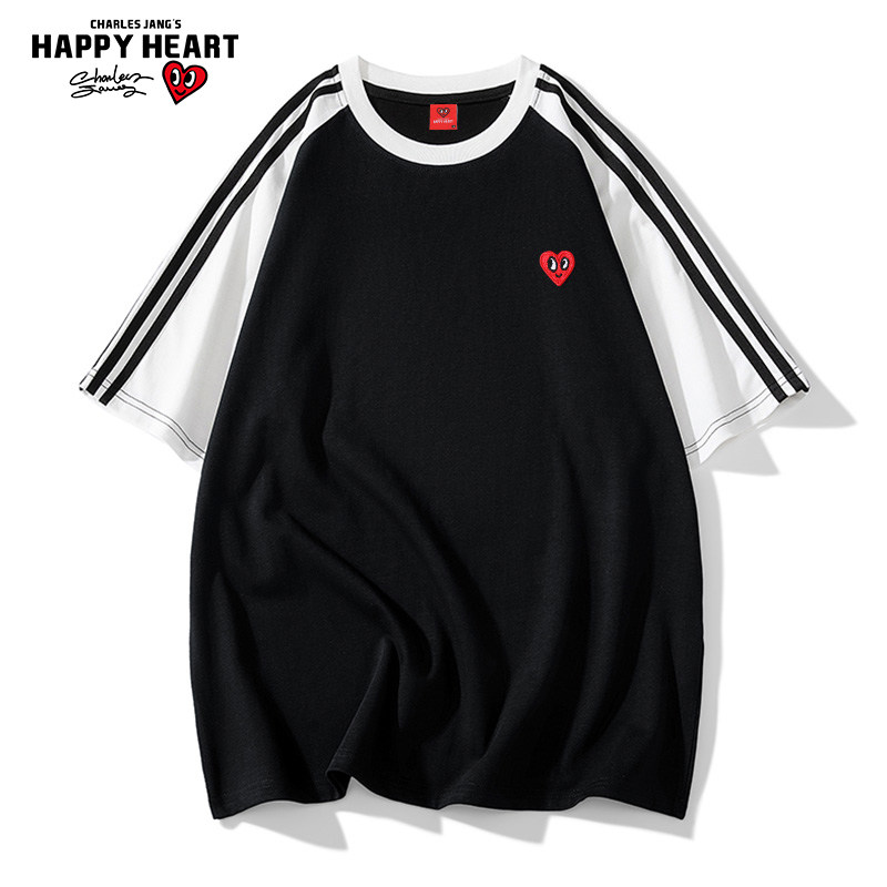 查尔斯桃心 条纹短袖t恤男女圆领宽松休闲套头2026年夏季落肩半袖