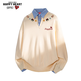 线衣 保暖慵懒针织衫 查尔斯桃心小猫印花假两件毛衣服男女冬季 新款