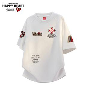 宽松透气半袖 T恤男女夏季 上衣服 潮流徽章印花短袖 查尔斯桃心美式