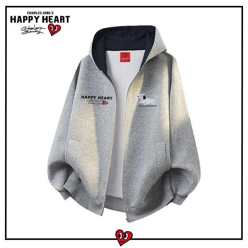 查尔斯桃心美式腊肠狗撞色连帽开衫卫衣男春秋季宽松休闲情侣外套