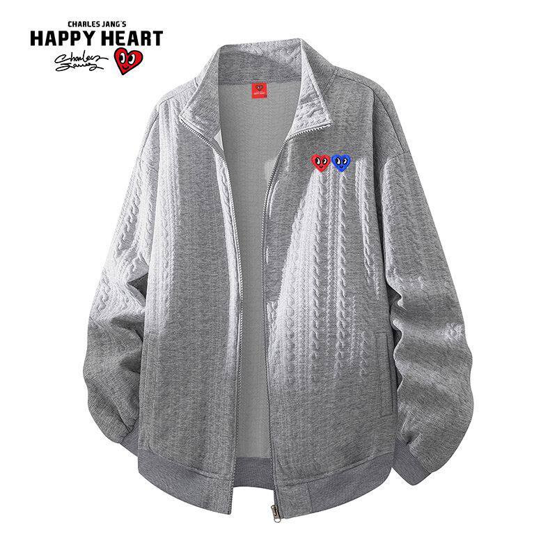 查尔斯桃心春季新款情侣美式麻花纹理腊肠狗徽章立领开衫卫衣外套
